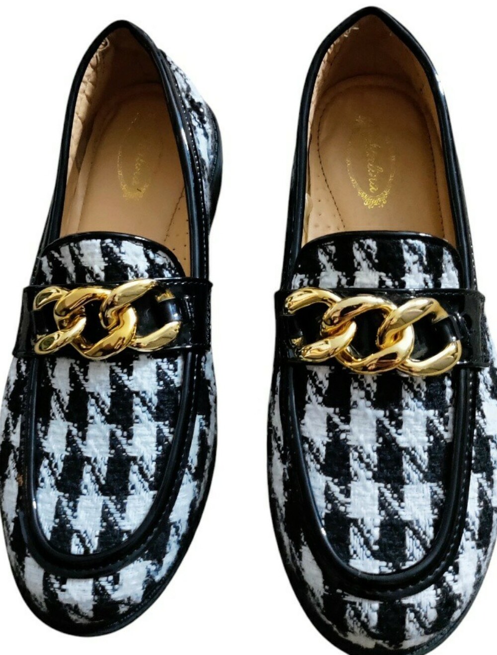 Atalina Houndstooth Loafers Slip On Gold Chain Design Chunky